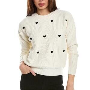 Nanette Lepore Cable Knit Cream Coquette Sweater with Black Hearts L NWOT